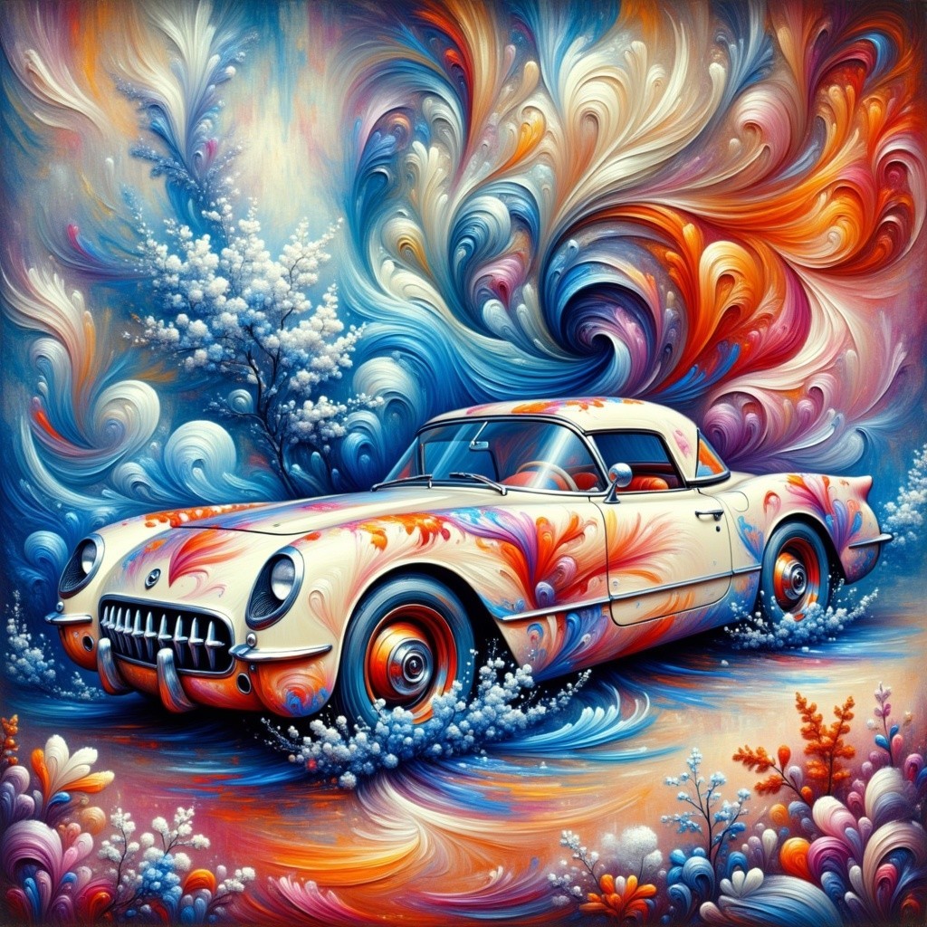 Vintage Convertible Car with Floral Patterns and Colors
