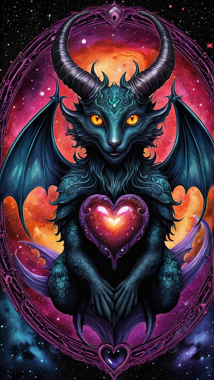 Mystical creature with dark fur and cosmic backdrop