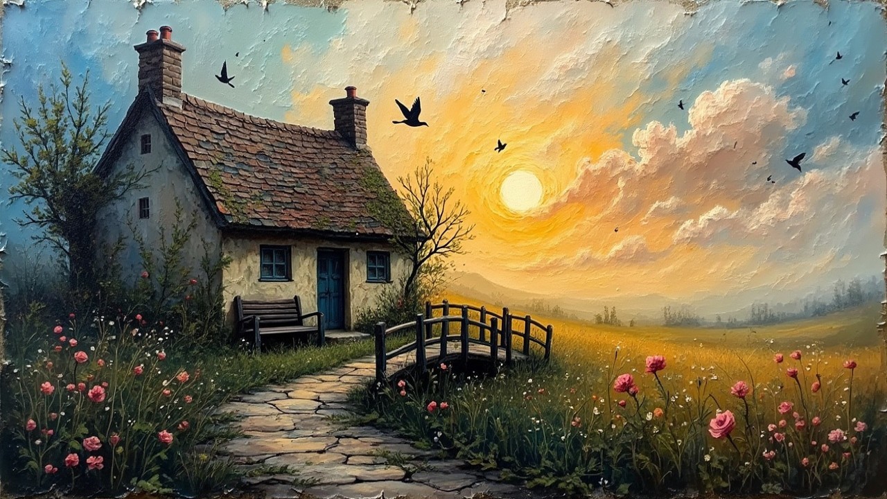Countryside Scene with Cottage and Serene Stream