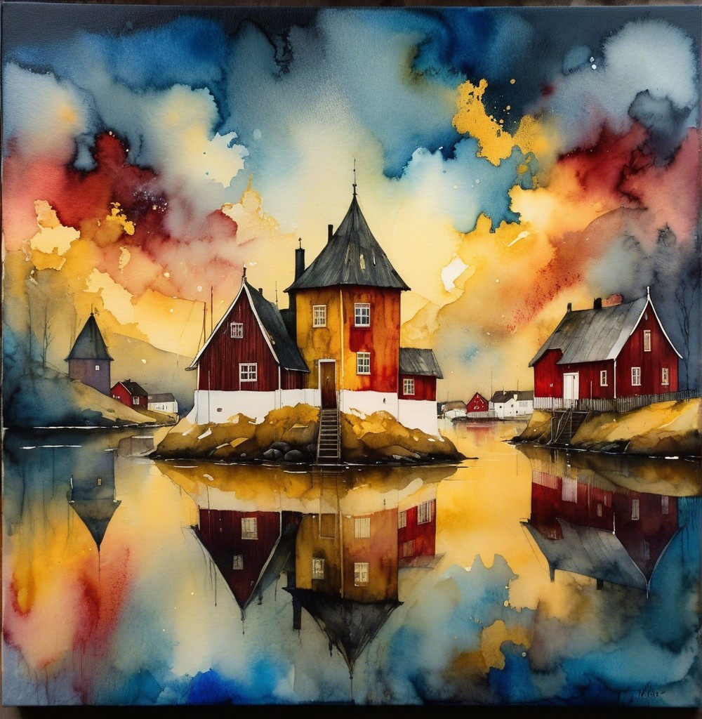 Watercolor Landscape of Red Houses by a Tranquil Lake