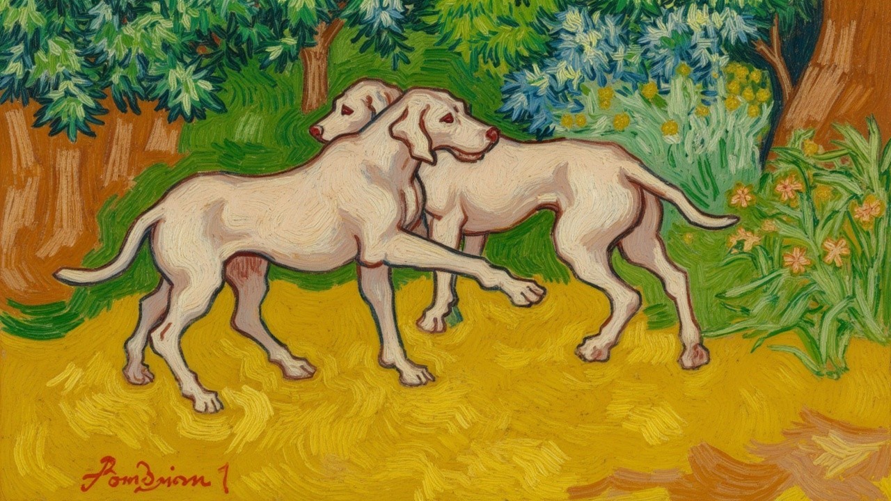 Playful White Dogs in Vibrant Forest Impressionism