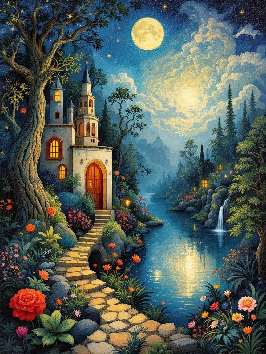 Whimsical Castle Landscape with Moonlit River Scene