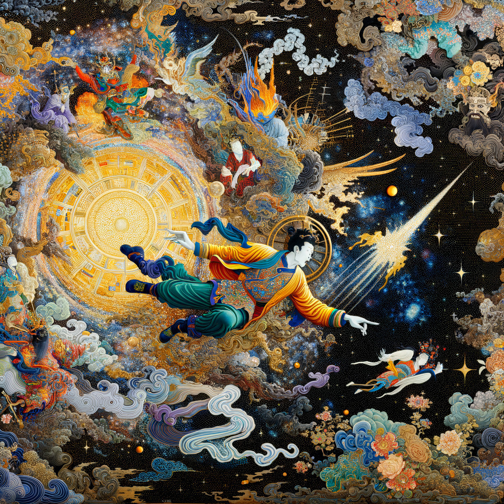 Mystical Scene with Vibrant Colors and Celestial Elements