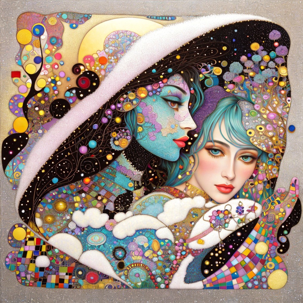 Ethereal Women in Dreamlike Embrace with Vibrant Colors