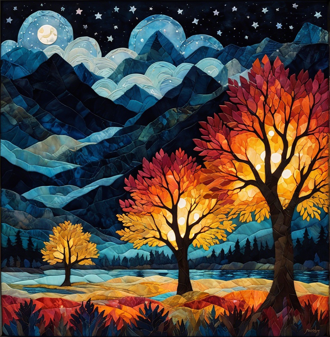 Vibrant Dusk Landscape with Luminous Trees and Mountains
