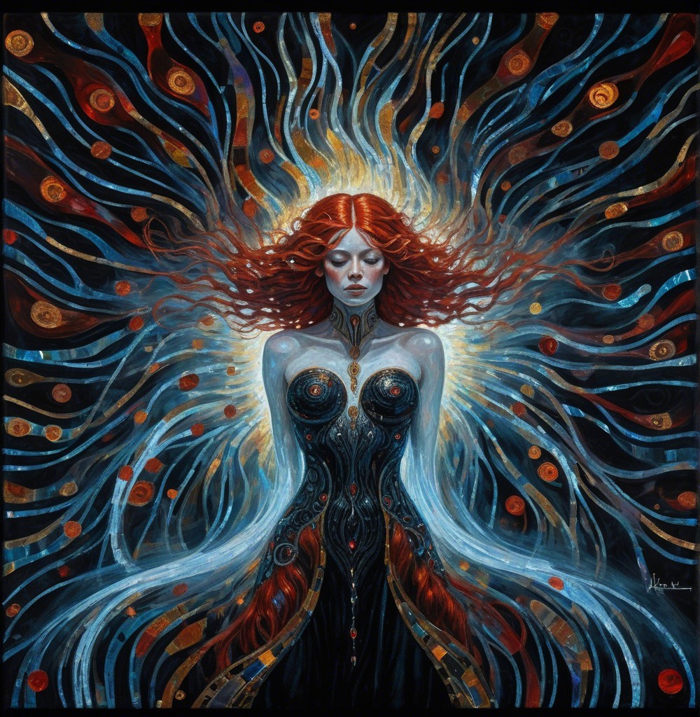 Striking figure with red hair in ornate dark gown