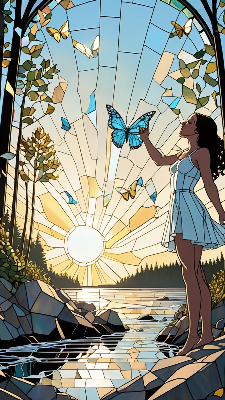 Woman in white dress by river with butterflies and sunset