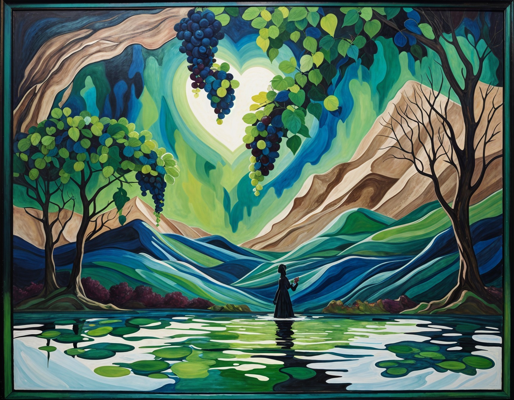 Vibrant Stylized Landscape with Central Figure and Lake