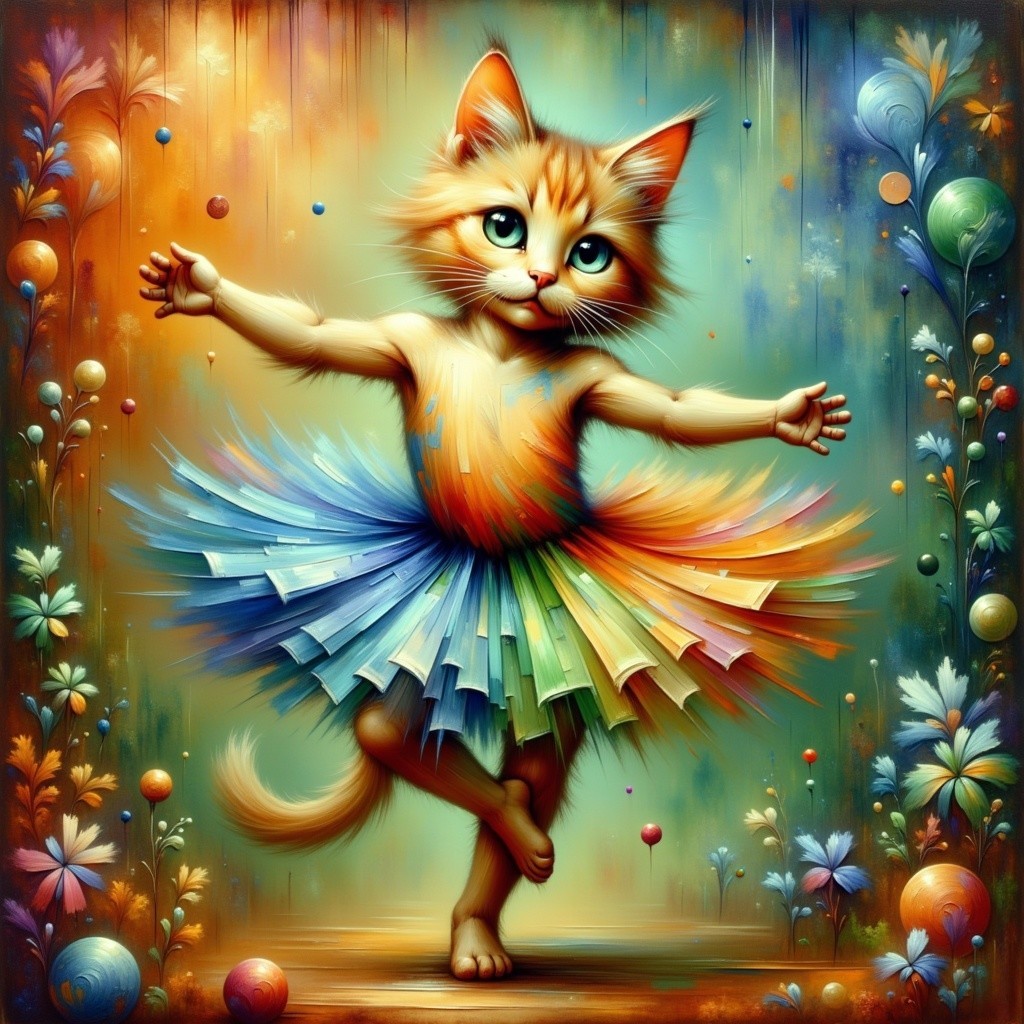 Ginger Cat Dancing in Colorful Tutu Illustration