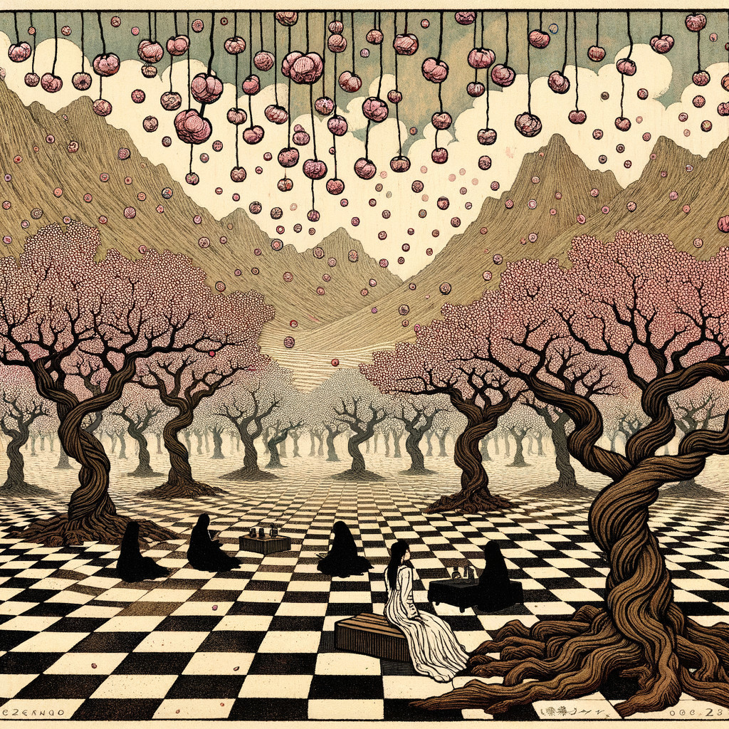 Surreal Landscape with Cherry Blossoms and Shadows
