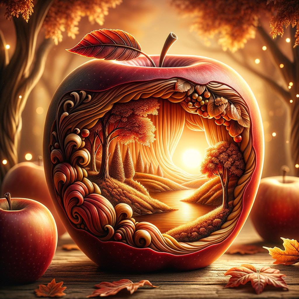 Intricately Carved Apple Revealing Serene Landscape