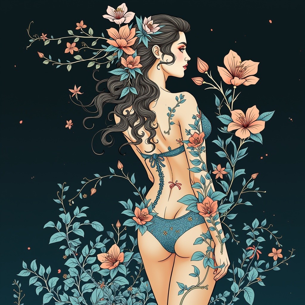 Woman in Lingerie Surrounded by Flowers and Greenery