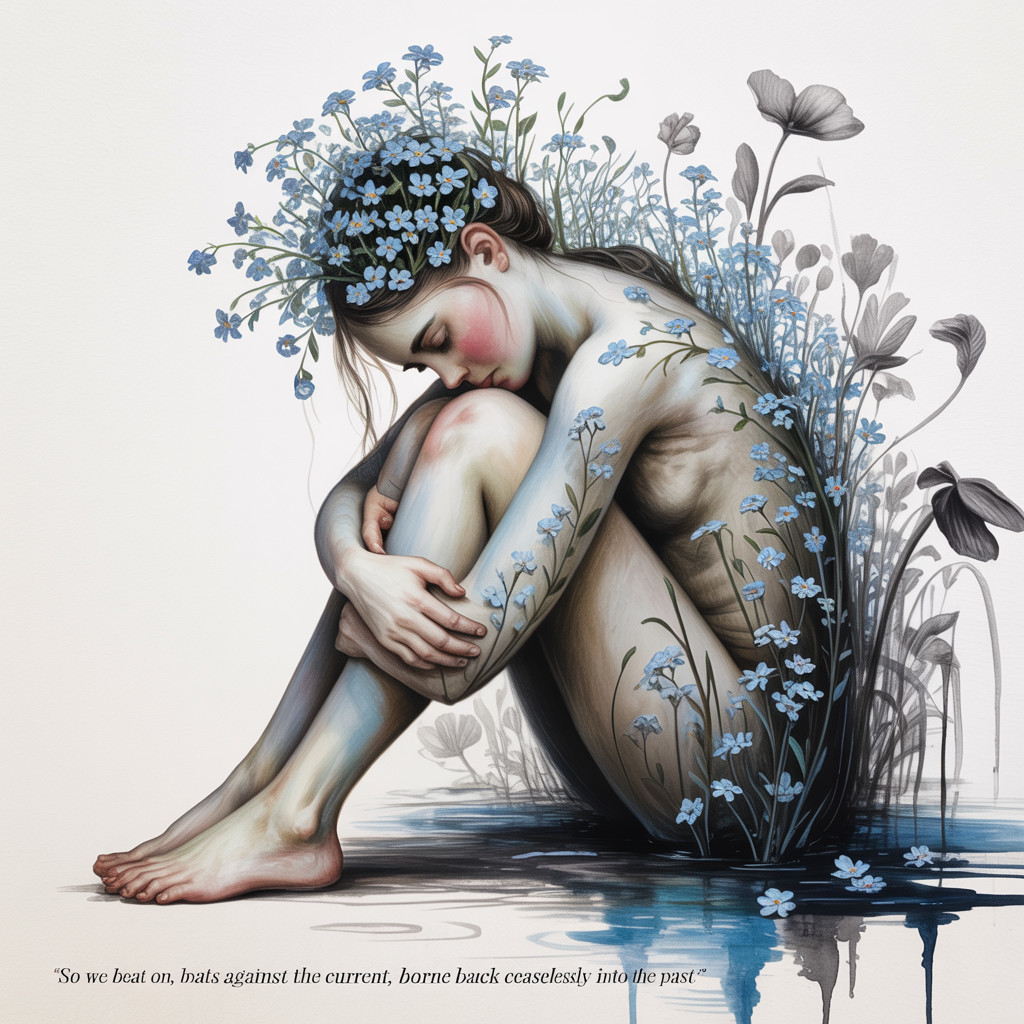 Woman at Water's Edge Surrounded by Blue Flowers