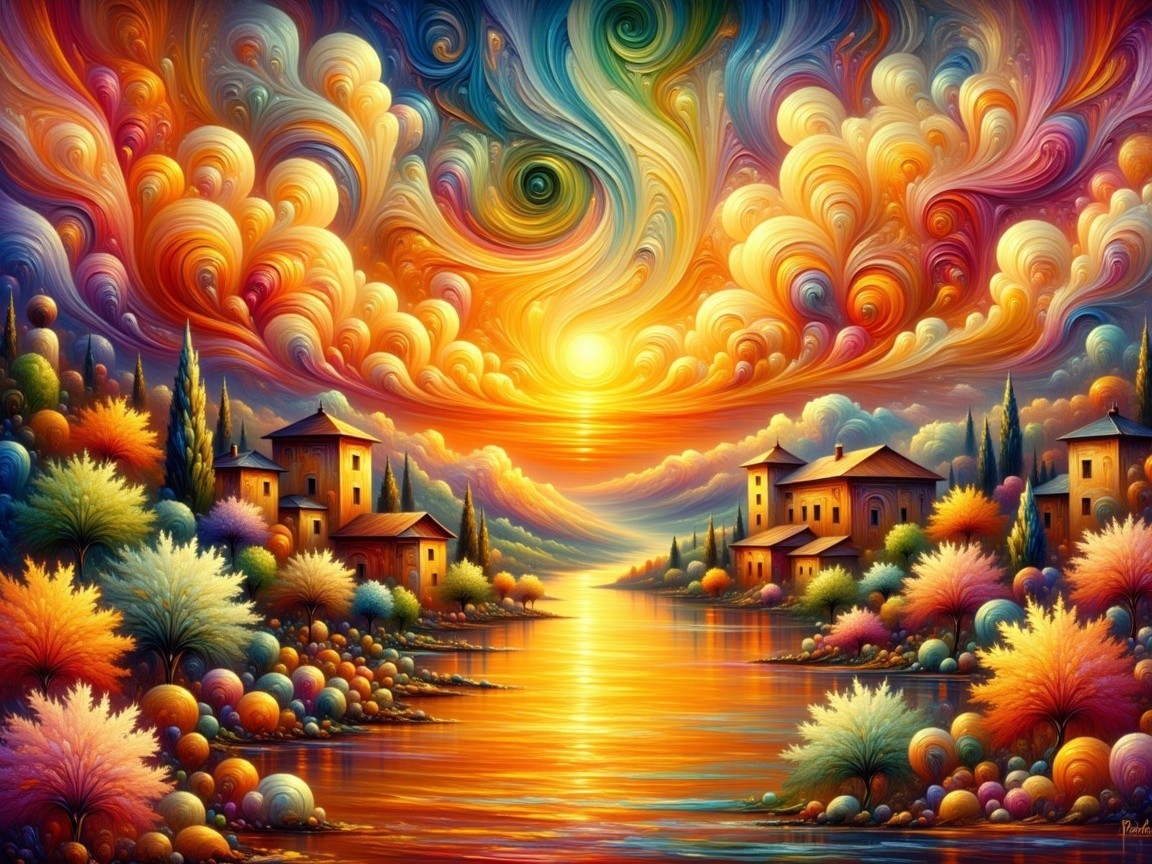 Vibrant Sunset Landscape Over a Tranquil River