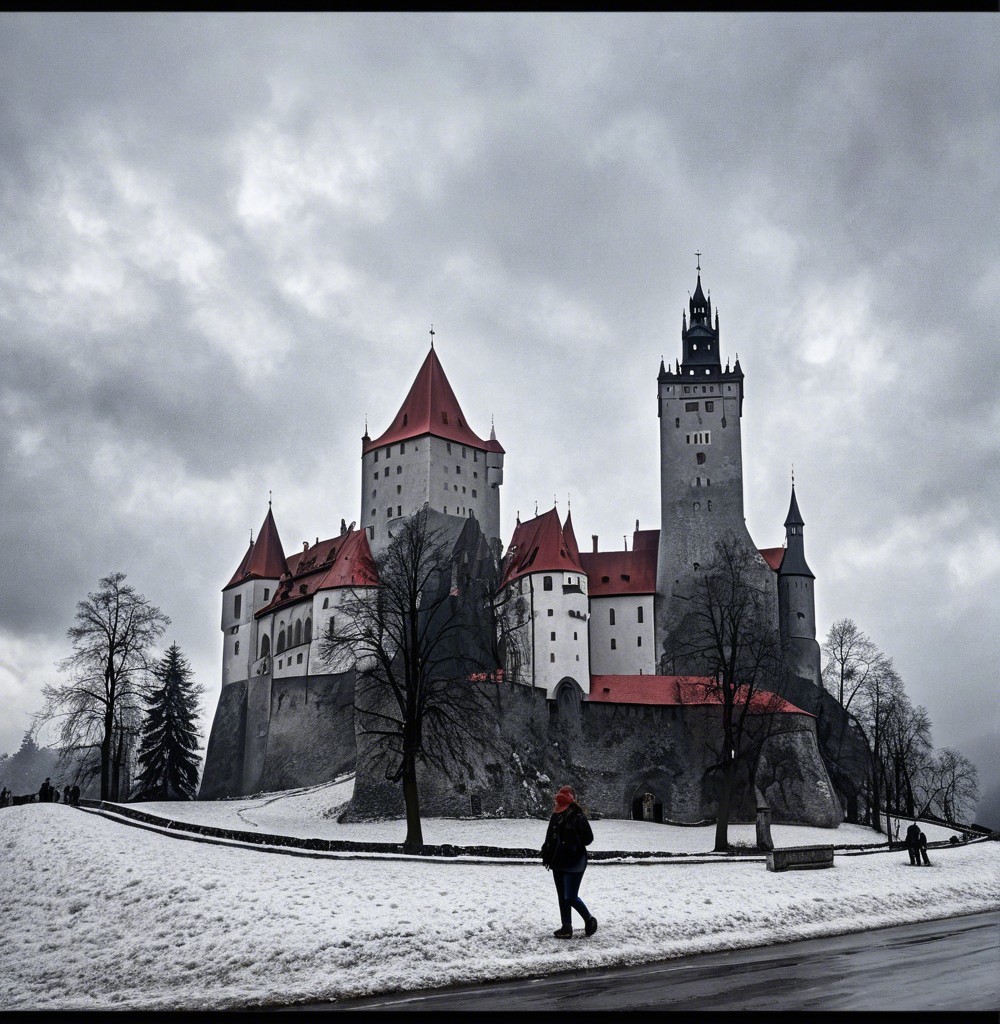 Majestic castle on rocky hill with snowy landscape