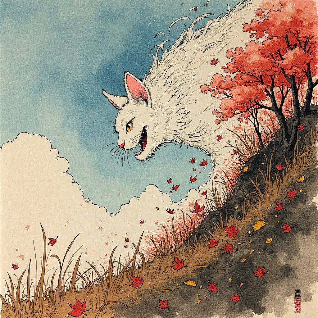 Mystical white cat amidst swirling autumn leaves