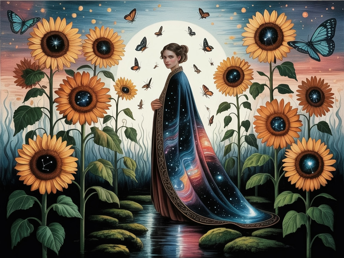 Serene Figure Among Sunflowers and Cosmic Cloak