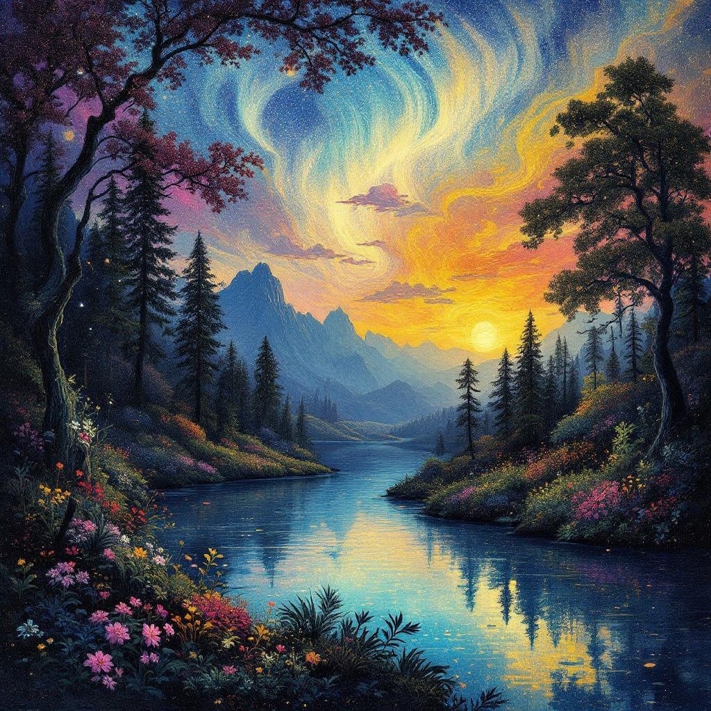 Vibrant Dusk Landscape with River and Mountains