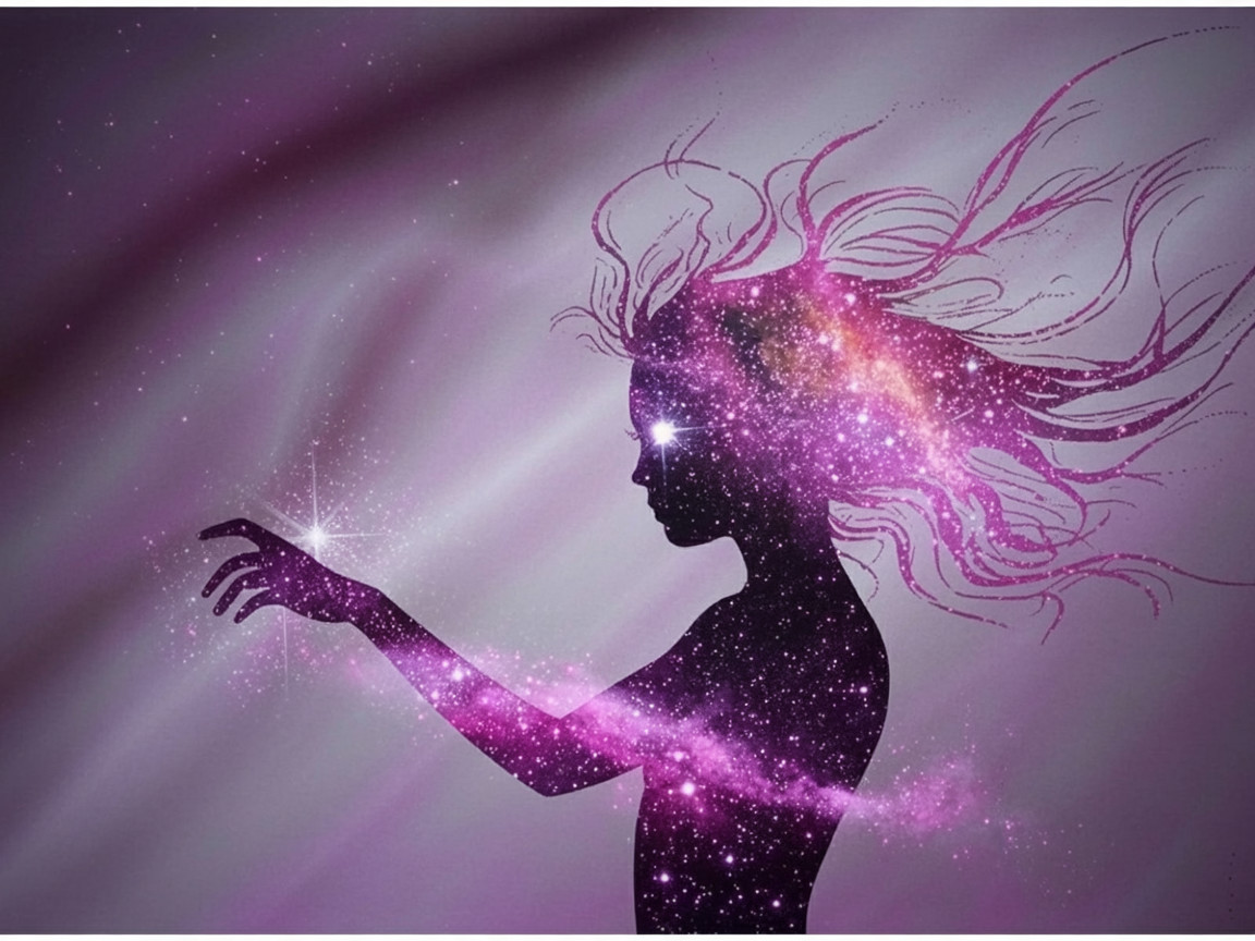 Silhouetted Girl Merging with Cosmic Scene and Stars