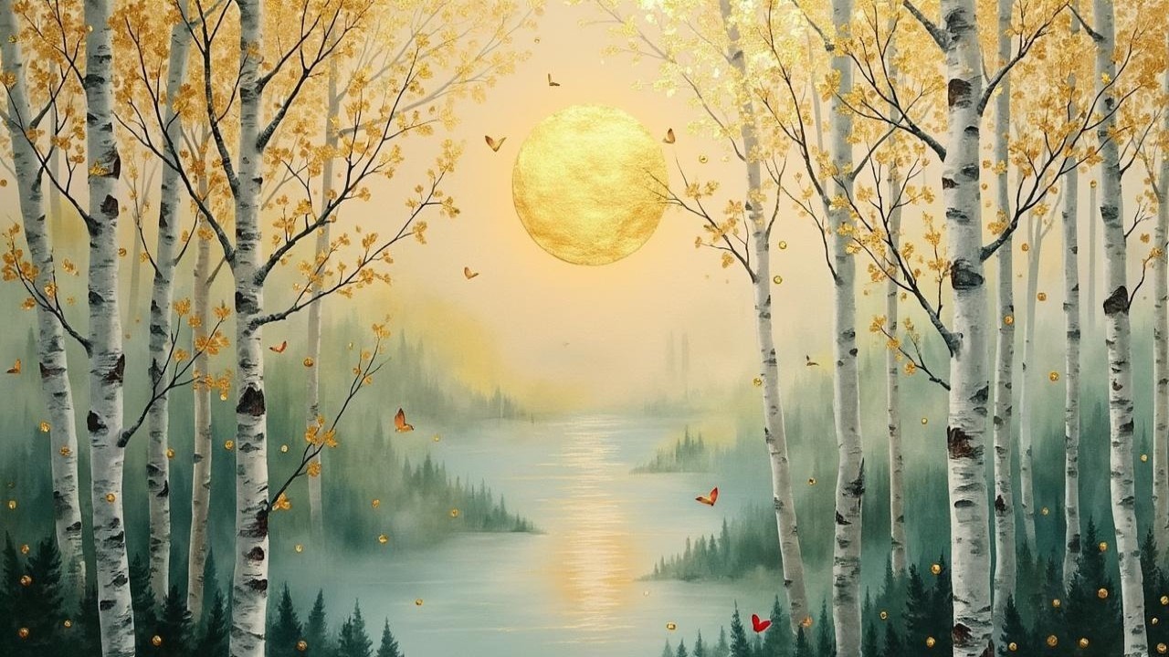 Tranquil River Through Autumn Birch Forest Landscape