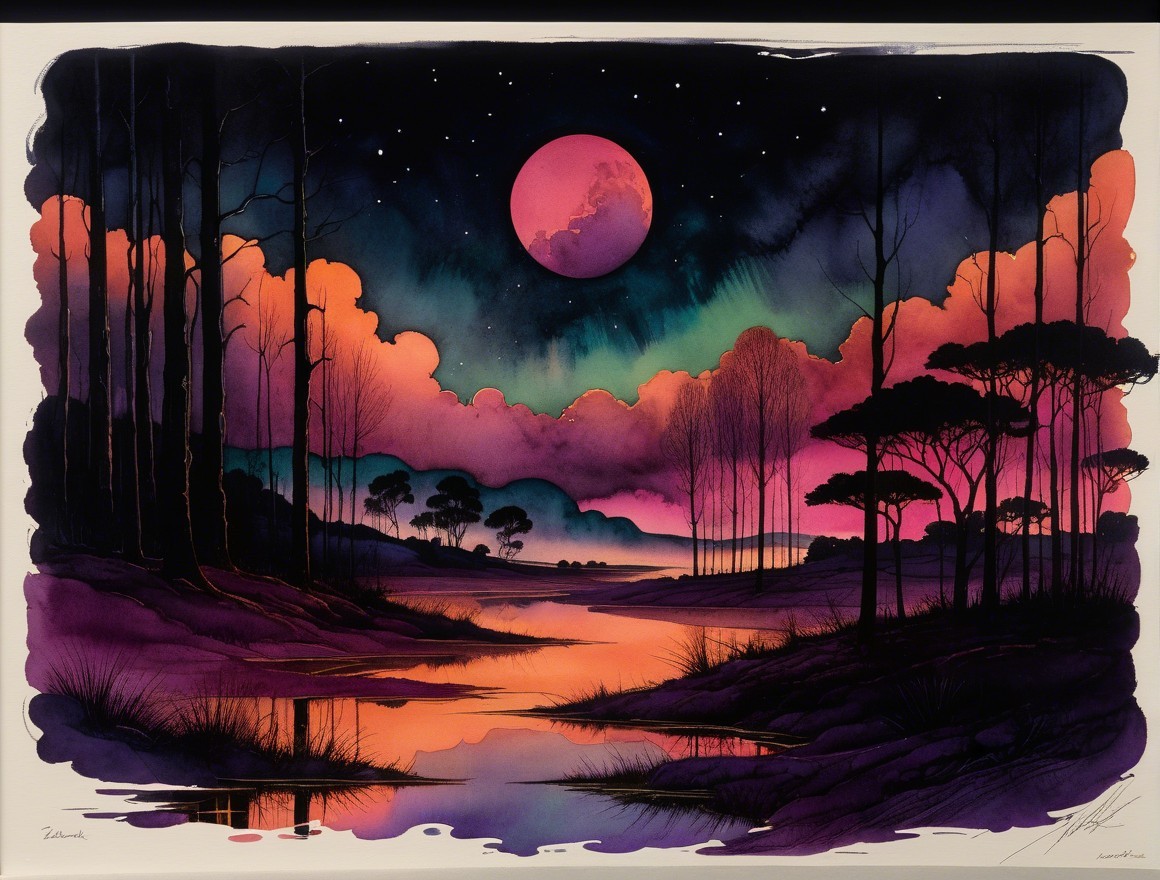 Twilight Landscape with Reflective Water and Moonlight