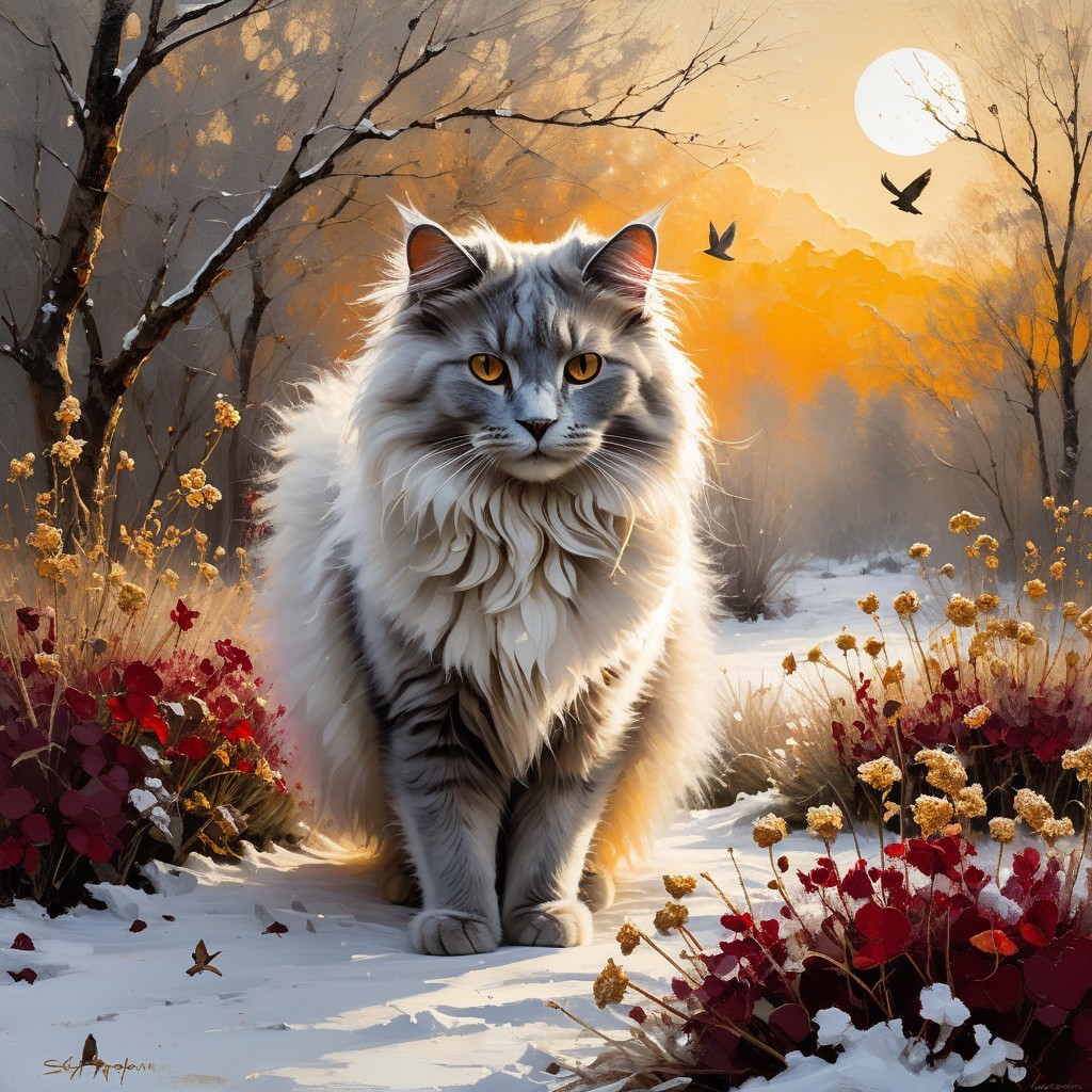 Long-Haired Cat in Serene Winter Landscape Scene