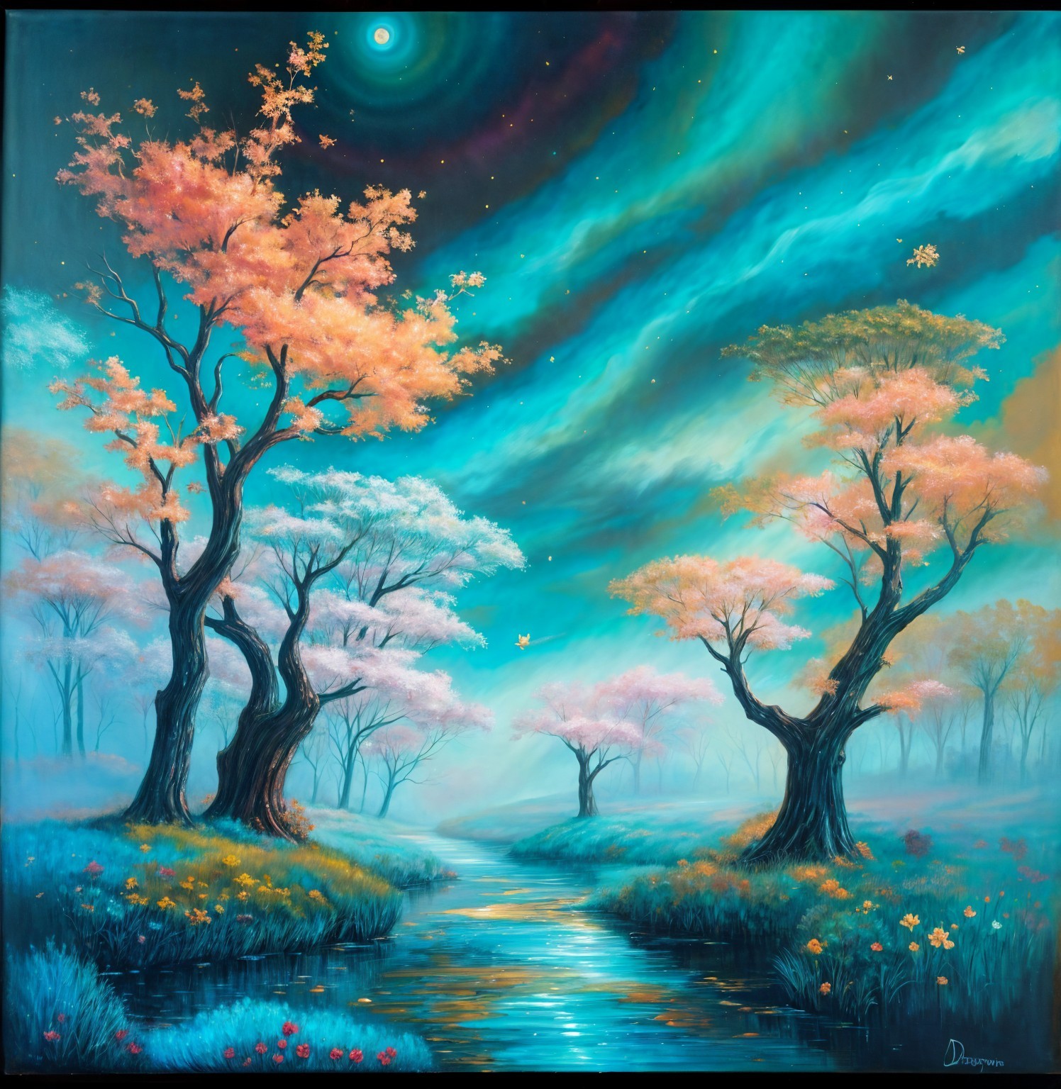 Whimsical Pink-Foliaged Trees in Starry Landscape