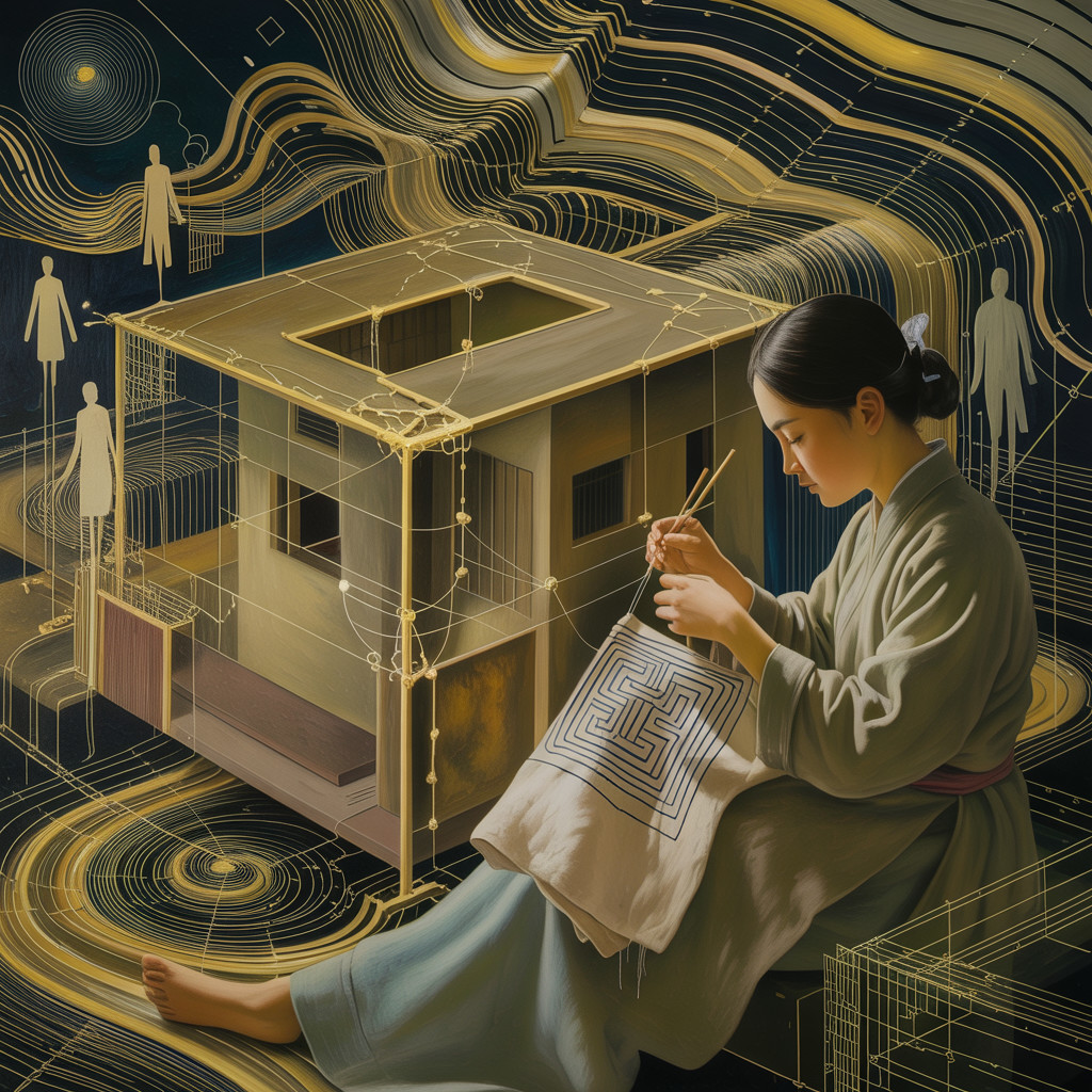 Serene Woman Embroidering in Dreamlike Atmosphere