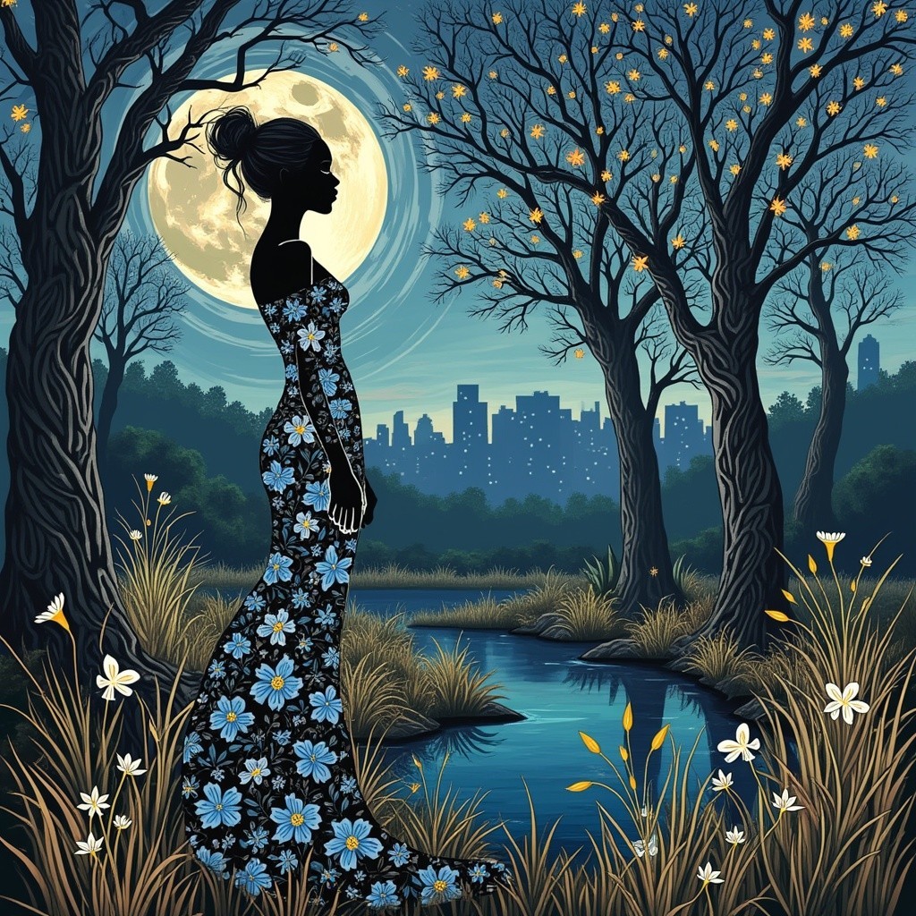 Silhouetted Figure by a Serene River at Night