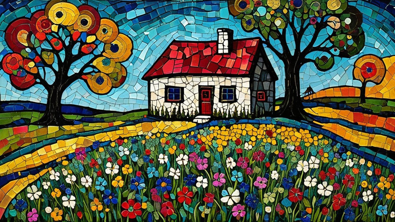 Vibrant Mosaic of House, Garden, and Rolling Hills