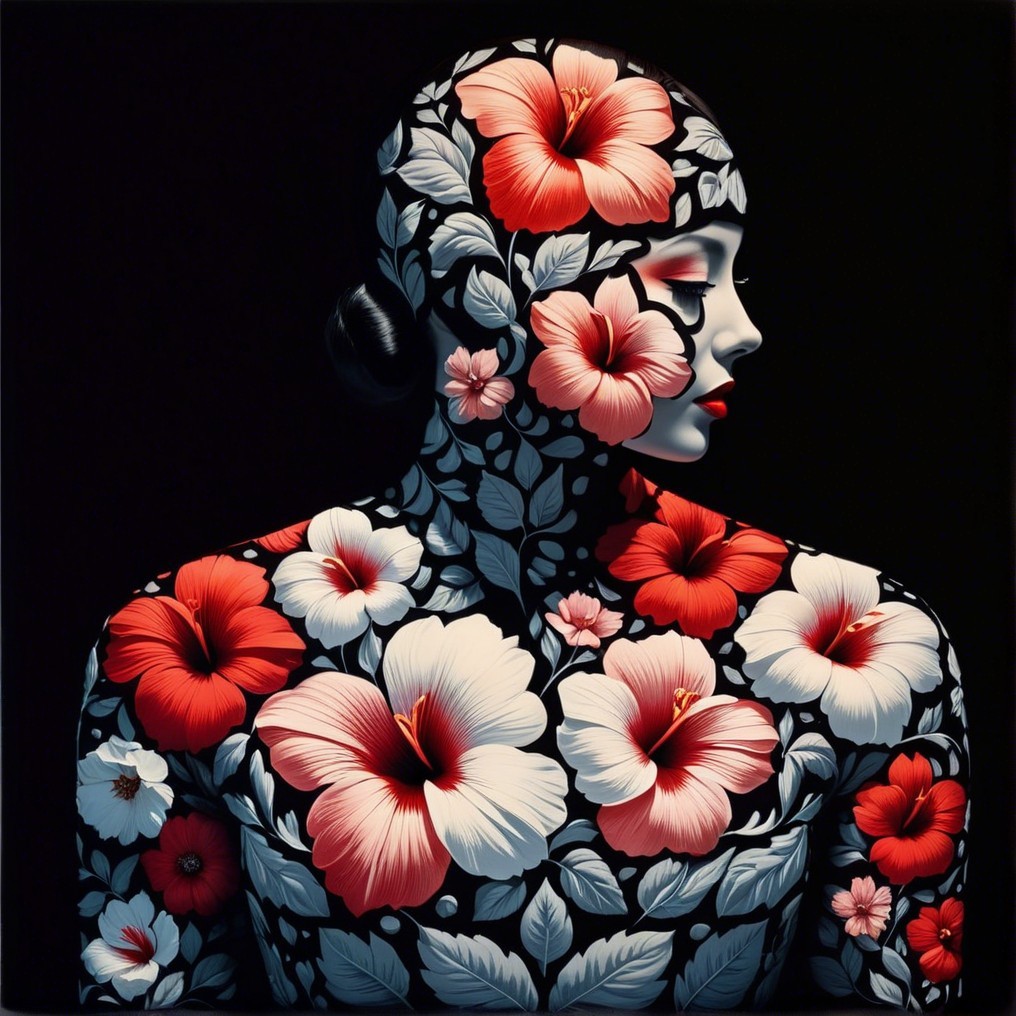 Floral Patterns on Figure with Serene Expression