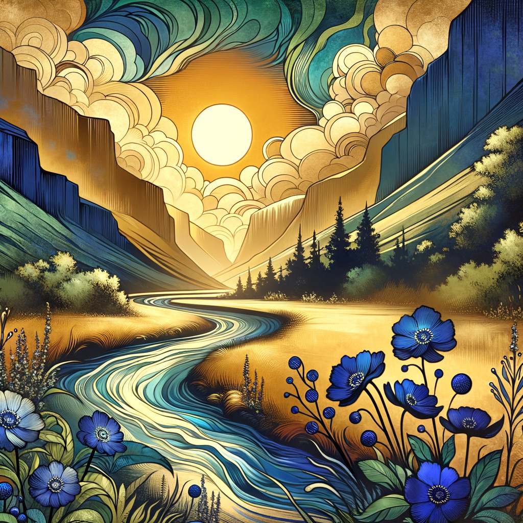 Vibrant Landscape with Hills, River, and Mountains