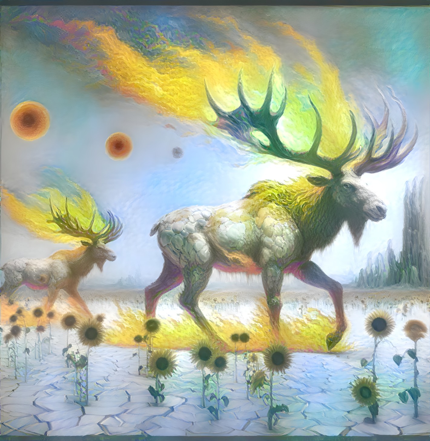 Fantastical Elk in Surreal Colorful Landscape