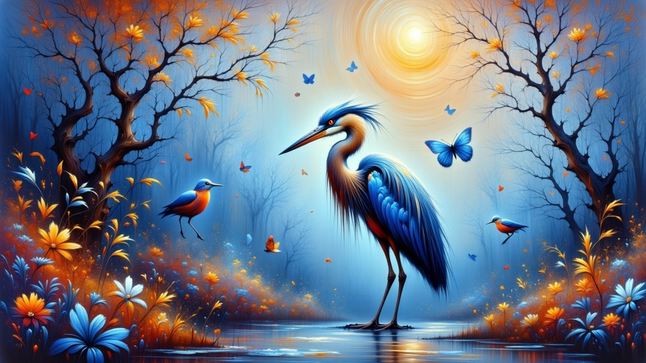 Serene Landscape with Heron and Autumn Flowers