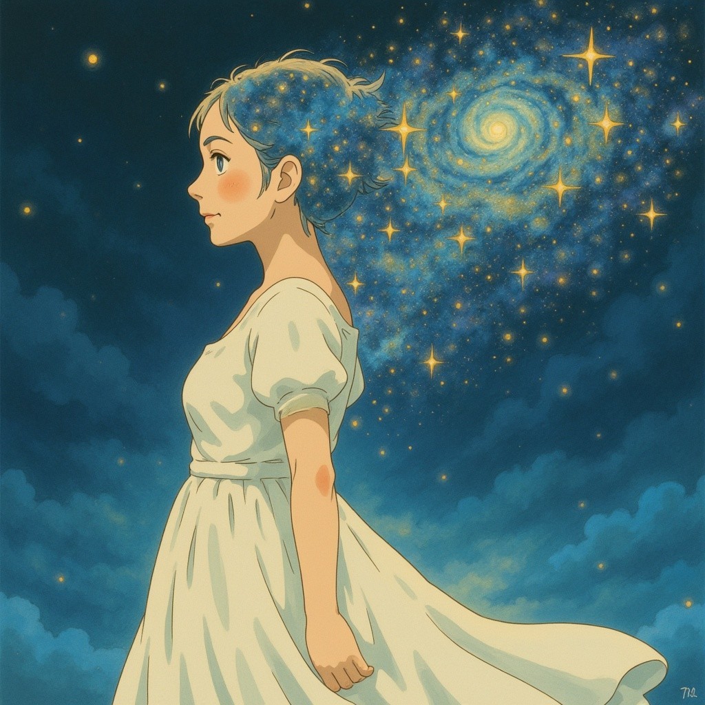 Young woman in white dress against starry galaxy