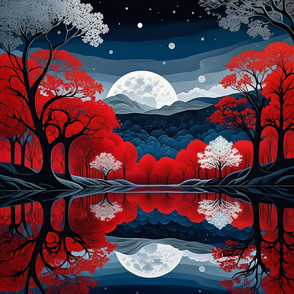 Vibrant Nighttime Landscape with Reflective Lake