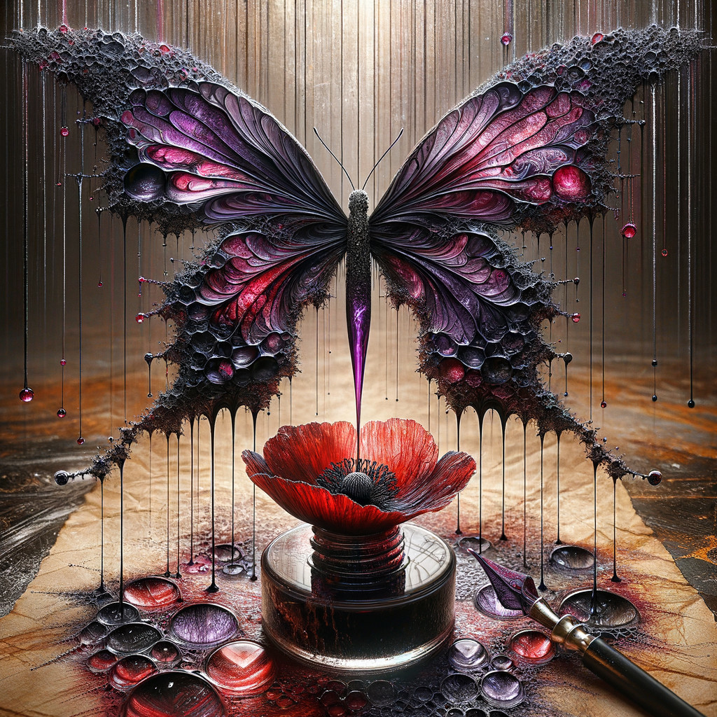 Surreal Butterfly and Red Flower with Glossy Ink Pot