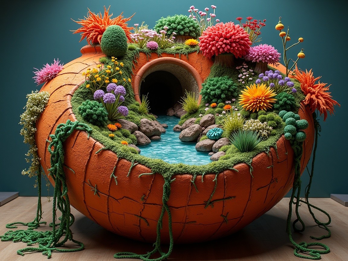 Vibrant Clay Pot Garden with Colorful Flora and Water