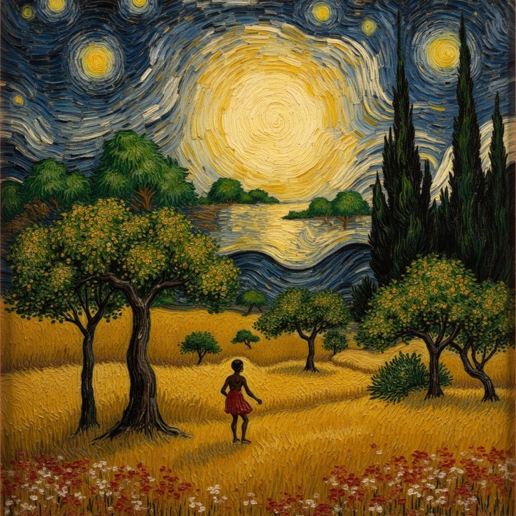 Vibrant Night Landscape with Girl in Red Dress