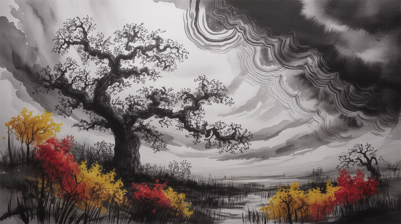 Monochrome Landscape with Gnarled Tree and Waterway
