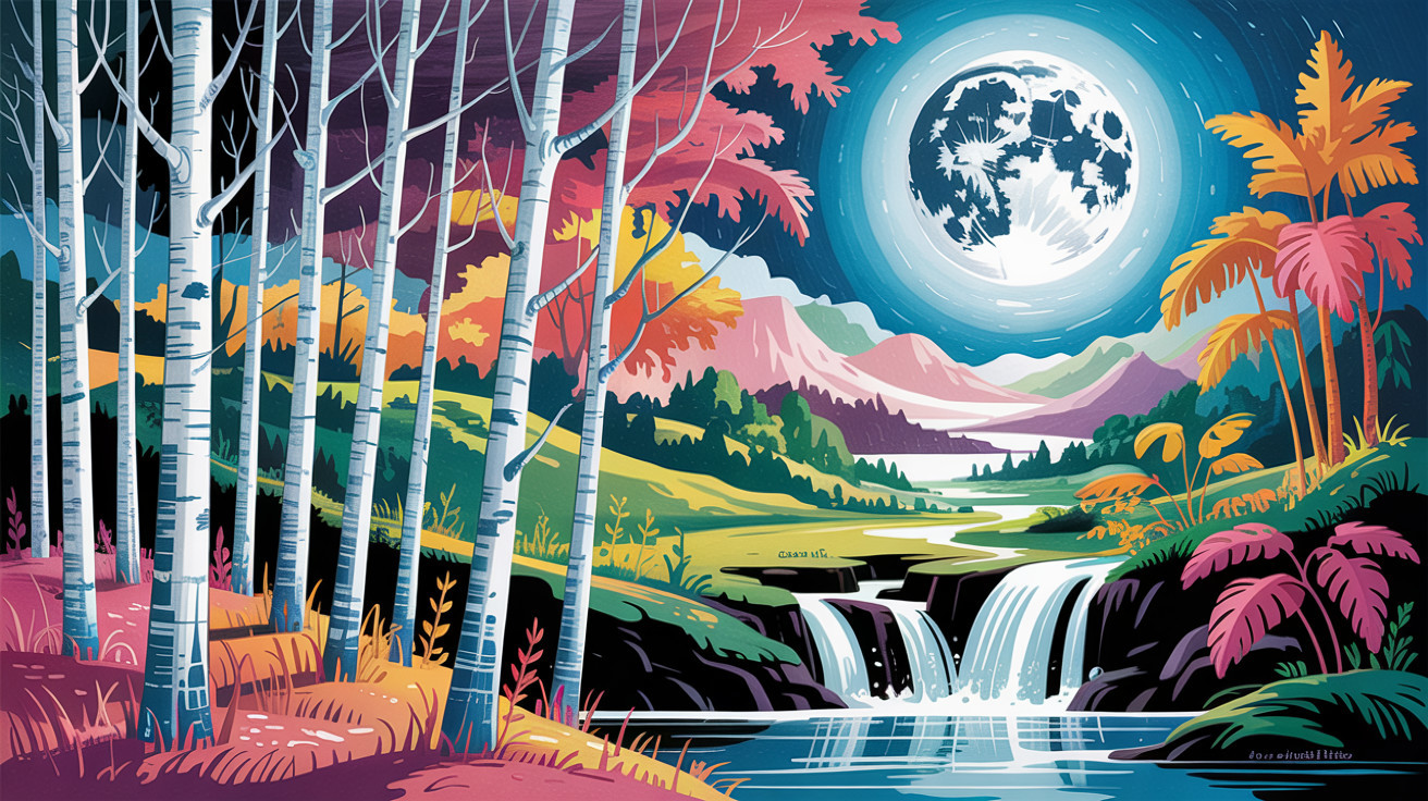 Vibrant Autumn Landscape with Birch Trees and Mountains