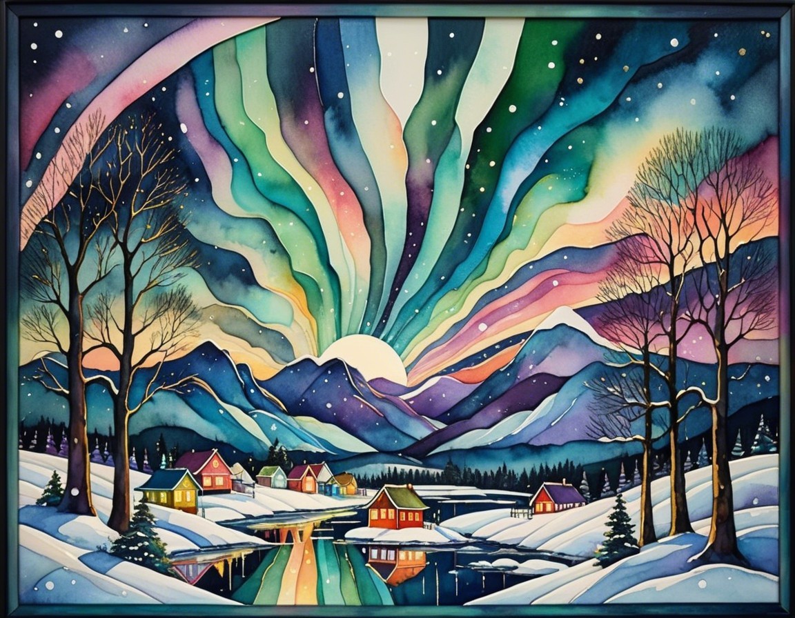 Vibrant winter landscape with a serene village scene
