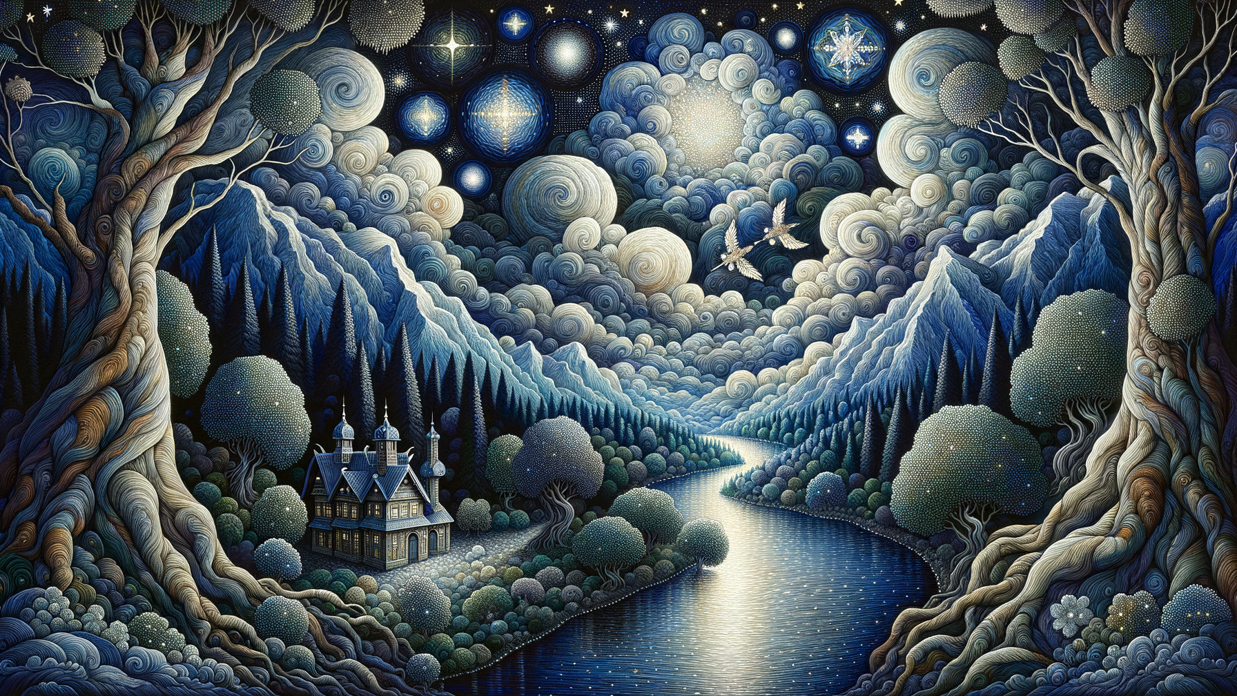 Serene Landscape with River and Starry Night Sky