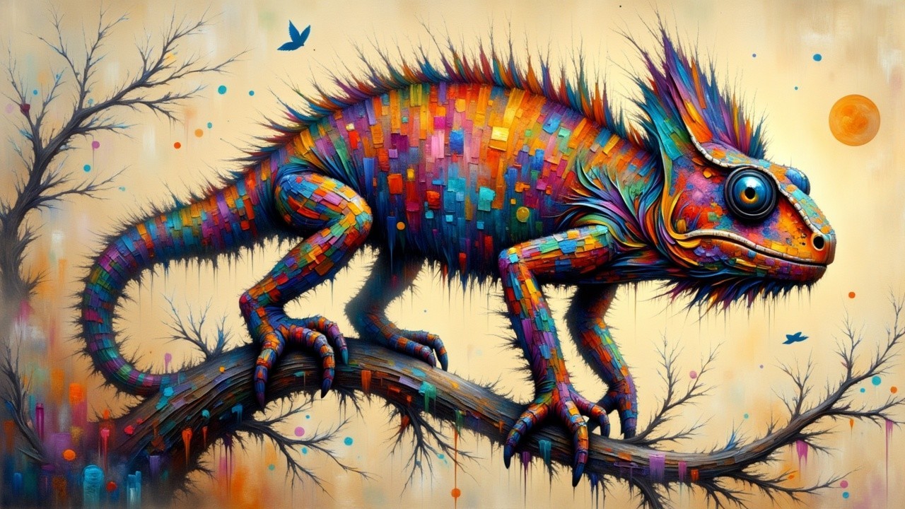 Surreal Chameleon with Colorful Patterns on Branch
