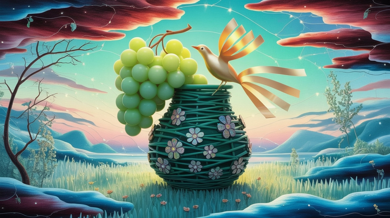 Whimsical Scene with Green Vase and Colorful Flowers