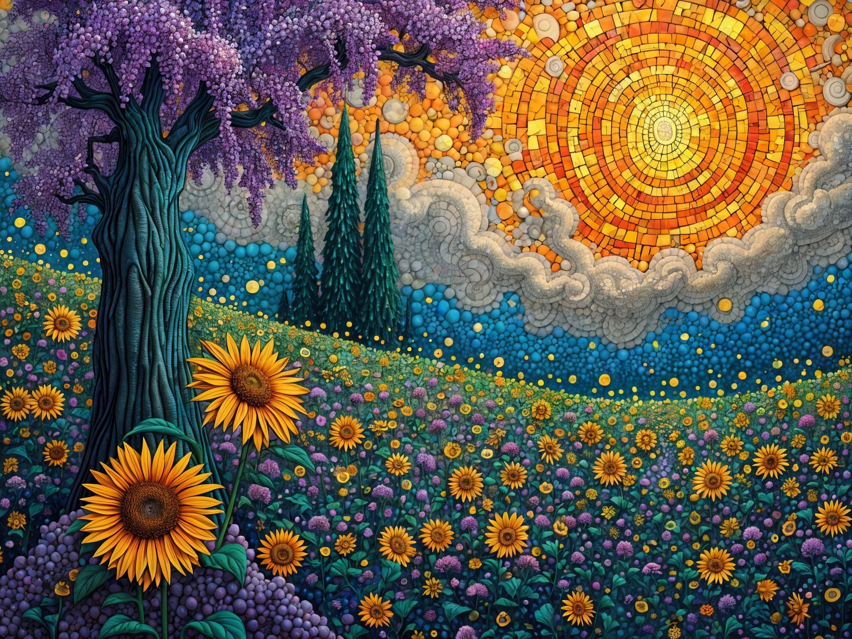 Vibrant Landscape with Sunflowers and Purple Flowers