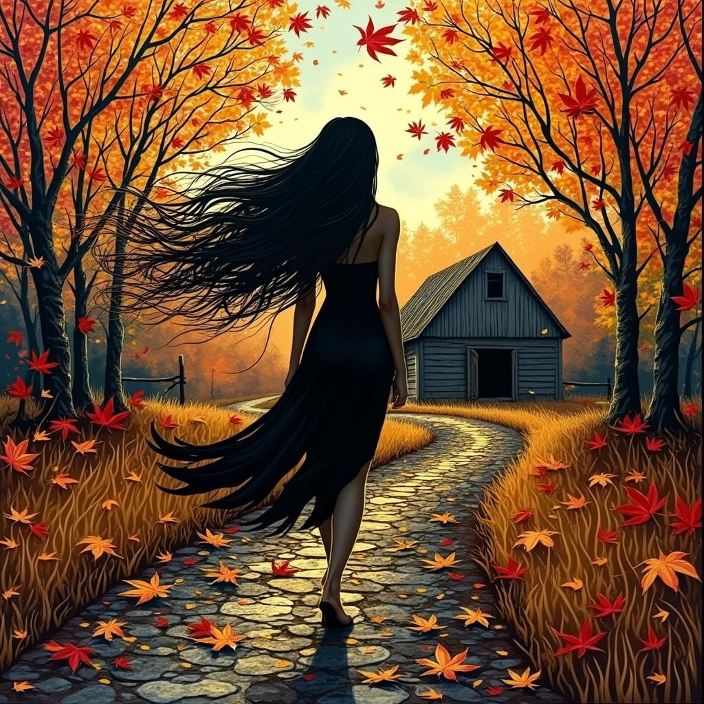 Woman in Black Dress on Autumn Pathway with Cottage