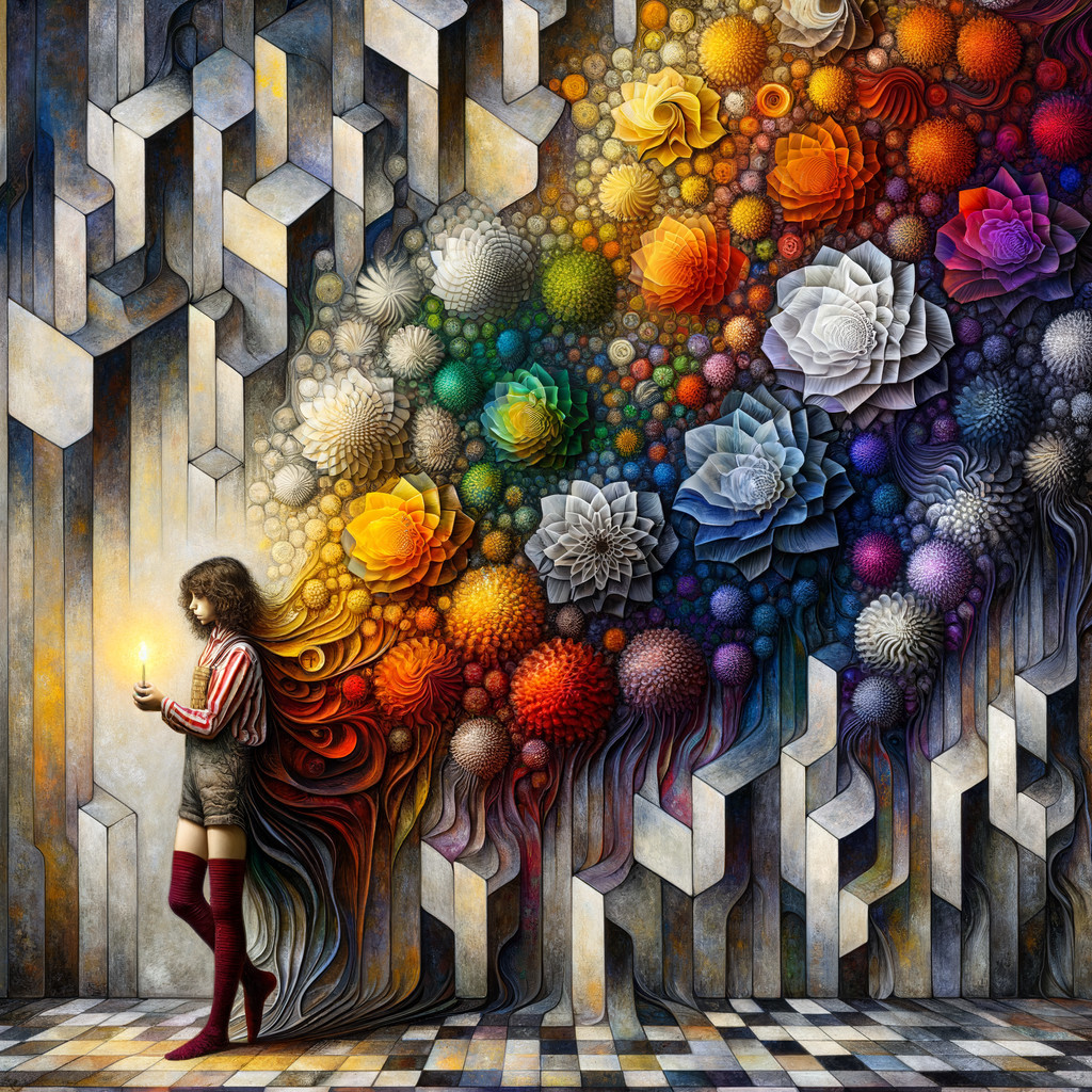 Surreal Landscape with Girl and Colorful Floral Wall