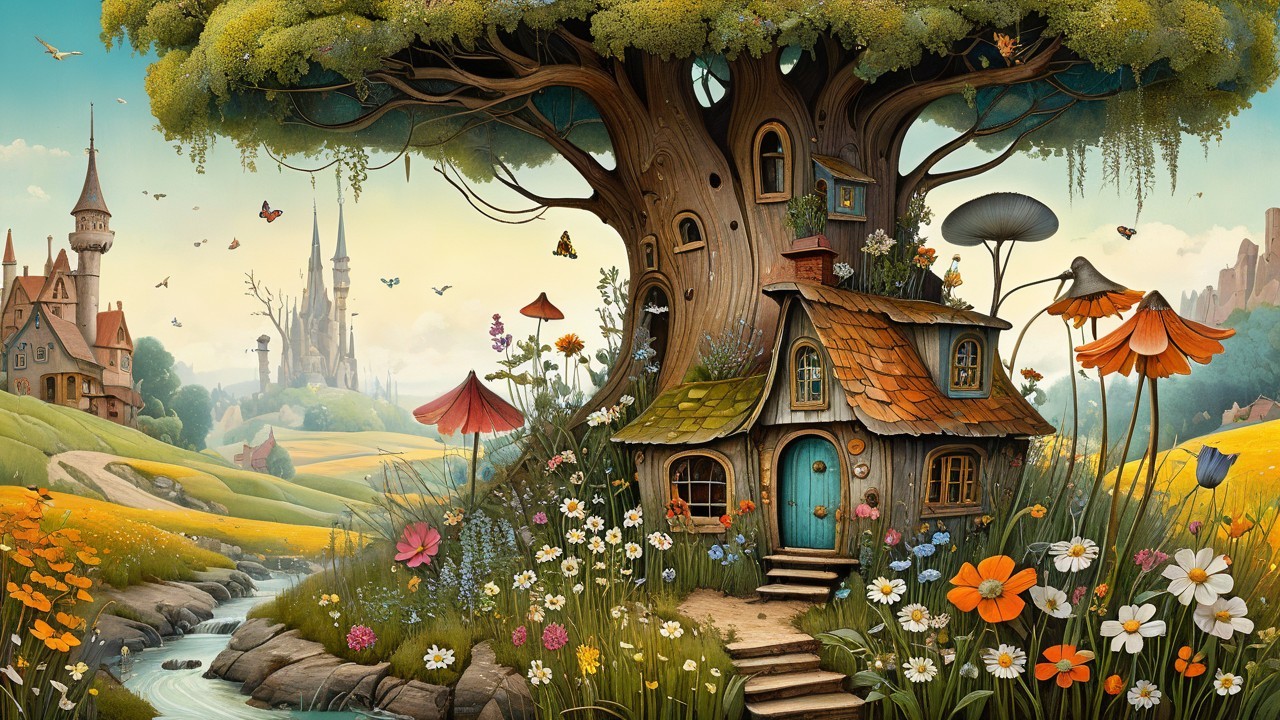 Charming Cottage Under an Intricate Tree with Castles