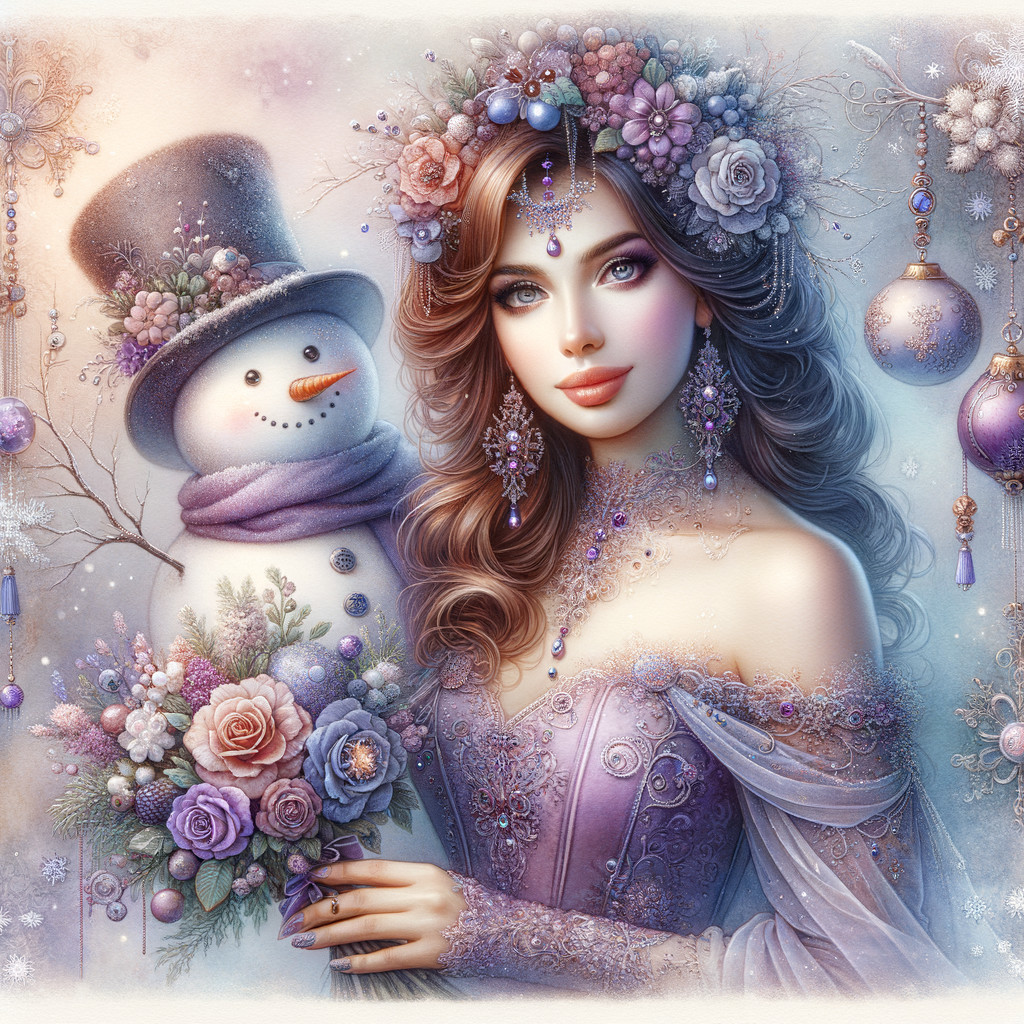 Woman in Lavender Gown with Snowman in Winter Scene